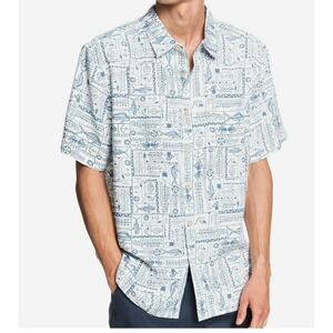 Quiksilver Waterman Shirt Nautical Block Print Fish Anchor XXL Comfort Fit Blue